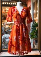 AI generated Fashionable evening orange summer dress on a mannequin. ai generative. ai generative photo