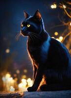 AI generated Portrait of a black cat with yellow eyes on a dark background. ai generative photo