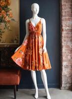 AI generated Fashionable evening orange summer dress on a mannequin. ai generative. ai generative photo