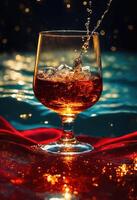 AI generated a glass of whiskey with ice and splashes. Golden sparkles background. ai generative photo