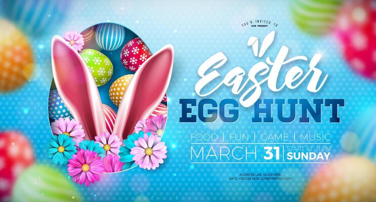 Easter Egg Hunt Illustration with painted eggs and flowers on nature blue background. Vector Spring holiday Party Flyer celebration poster design template for banner, invitation or greeting card.