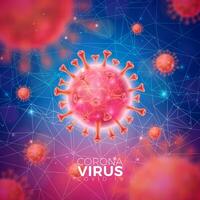 Covid-19. Coronavirus Outbreak Design with Red Virus Cell in Microscopic View on Blue Background. Vector Illustration Template on Dangerous SARS Epidemic Theme for Promotional Banner or Flyer.