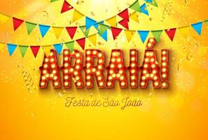 Festa Junina Illustration with Party Flags, Confetti and Light Bulb Billboard Letter on Yellow Background. Vector Brazil Sao Joao June Festival Design for Greeting Card, Banner or Holiday Poster.