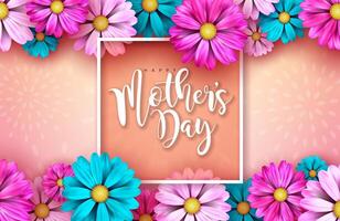 Happy Mother's Day Illustration with Spring Flower and Typography Letter on Floral Pattern Background. Vector Celebration Design Template for Greeting Card, Banner, Flyer, Invitation, Brochure, Poster