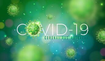 COVID-19. coronavirus brote diseño con virus célula en microscópico ver en verde antecedentes. vector ilustración modelo en peligroso sars epidemia tema para promocional bandera o volantes.