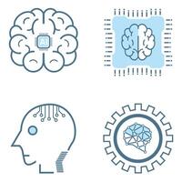 Set of 4 artificial intelligence icons, symbols collection, isolated lined machine AI icon, smart AI and robotic and cloud computing network digital AI and technology vector