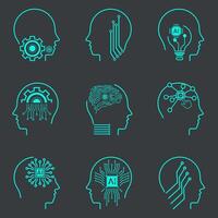 Artificial intelligence line icons. Editable stroke. Blue vector illustrations isolated. AI icon sets on dark background. Collection of symbols, technology vector elements