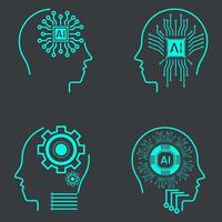 Collection of Artificial intelligence icon set in line style, machine learning, smart robotic head and cloud computing network digital AI technology vector