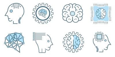 Group of artificial intelligence icon, symbols collection, isolated lined machine AI icon, smart AI and robotic concepts of technology vector