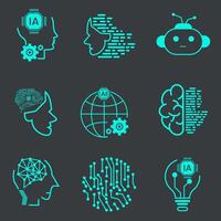 Technology of Artificial Intelligence Vector Line Icons Set. Face Recognition, Android, Humanoid Robot, Thinking Machine