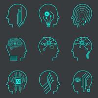 AI icon sets on dark background. Collection of symbols, technology vector elements