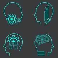 Set of AI icon sets on dark background. Collection of symbols, technology vector elements