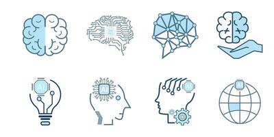 conjunto de tecnología cerebro, cibernético, ai, cabeza conceptos y grupos de ai símbolos, íconos artificial ai íconos recopilación, aislado forrado máquina ai icono diseño vector