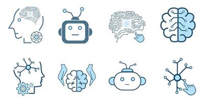 Set of brain, cybernetic, ai, head, technology  concepts and Groups of AI symbols, icons Artificial AI icons collection, isolated lined machine AI icon design vector