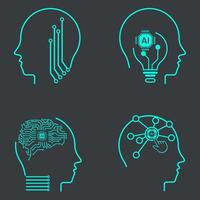 Set of AI line style, machine learning robot heads. Collection of FOUR Artificial intelligence icons. smart robotic head and cloud computing network digital AI technology vector