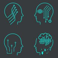 Group of 4 AI icon sets on dark background. Collection of AI symbols, technology vector elements vector illustration