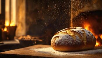AI generated Freshly baked bread with sesame seeds on a wooden board. ai generative photo