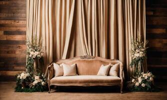 AI generated Interior of a rustic room with a beige sofa and curtains. ai generative photo