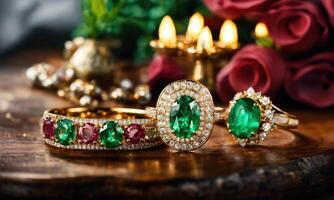 AI generated jewelry diamond ring on wooden table with bokeh background. ai generative photo