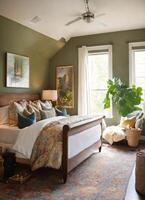 AI generated interior of classic bedroom, comfortable king size bed. ai generative photo
