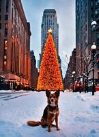 AI generated Cute Nova Scotia Duck Tolling Retriever dog sitting on a snowy street. ai generative photo