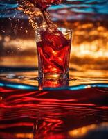 AI generated a glass of whiskey with ice and splashes. Golden sparkles background. ai generative photo