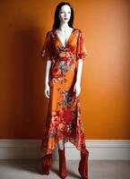 AI generated Fashionable evening orange summer dress on a mannequin. ai generative. ai generative photo