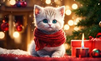 AI generated White cat in a red scarf on the background of the Christmas tree and candles. ai generative photo