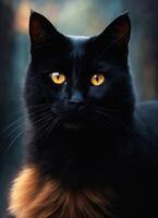 AI generated Portrait of a black cat with yellow eyes on a dark background. ai generative photo