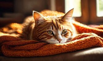 AI generated Cute ginger cat lying on the bed with a warm blanket. ai generative photo