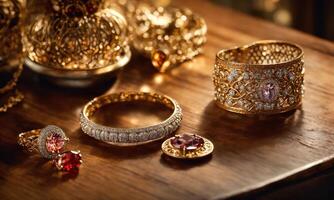 AI generated jewelry diamond ring on wooden table with bokeh background. ai generative photo