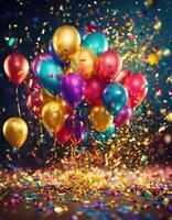 AI generated Celebration background with colorful balloons, confetti and golden ribbons. ai generative photo