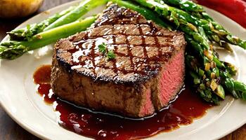 AI generated Beef steaks with asparagus and balsamic vinegar. ai generative photo