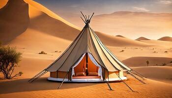 AI generated Camping tent in the desert at sunset. ai generative photo