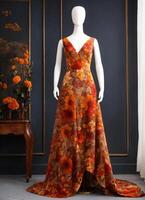 AI generated Fashionable evening orange summer dress on a mannequin. ai generative. ai generative photo