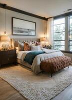 AI generated interior of classic bedroom, comfortable king size bed. ai generative photo