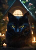 AI generated Portrait of a black cat with yellow eyes on a dark background. ai generative photo