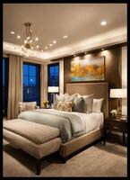 AI generated interior of classic bedroom, comfortable king size bed. ai generative photo