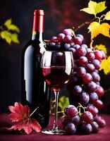 ai generado rojo vino con uvas en un oscuro antecedentes. selectivo enfocar. ai generativo foto