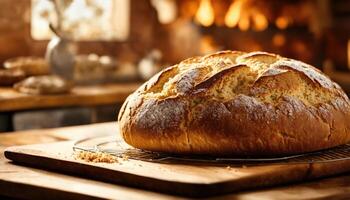 AI generated Freshly baked bread with sesame seeds on a wooden board. ai generative photo