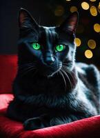 ai generado retrato de un negro gato con amarillo ojos en un oscuro antecedentes. ai generativo foto