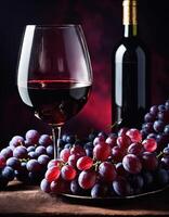 ai generado rojo vino con uvas en un oscuro antecedentes. selectivo enfocar. ai generativo foto