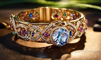 AI generated jewelry diamond ring on wooden table with bokeh background. ai generative photo