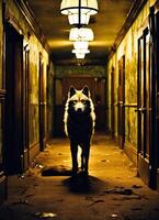 ai generado retrato de un lobo en un oscuro corredor a noche. ai generativo foto