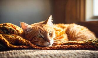 AI generated Cute ginger cat lying on the bed with a warm blanket. ai generative photo