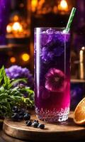 AI generated Purple cocktail with ice on a wooden table. Selective focus. ai generative photo