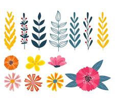 flores y hojas en plano diseño vector