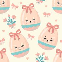 Seamless pattern easter with flowers cartoons eggs with cute faces vector