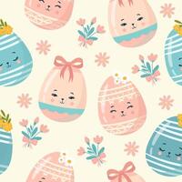 Seamless pattern easter with flowers cartoons eggs with cute faces vector