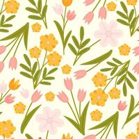 Flowers and leaves in flat design seamless pattern vector
